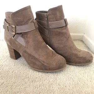 brown suede booties with buckle
